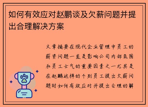 如何有效应对赵鹏谈及欠薪问题并提出合理解决方案