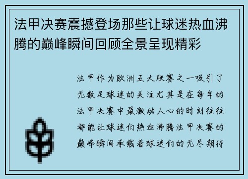法甲决赛震撼登场那些让球迷热血沸腾的巅峰瞬间回顾全景呈现精彩